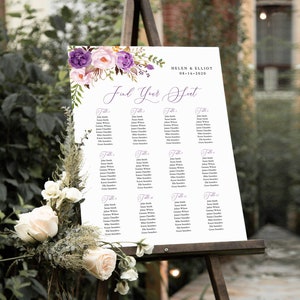 Paarse Boho bewerkbare tafelplan, lavendel Lila bloemen afdrukbare zitplaatsen grafiek, 18 x 24 24 x 36, A1 A2, sjabloon, Instant Download, 530-A