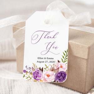 Etiquetas editables florales lila púrpura, etiquetas de favor de lavanda violeta imprimibles, plantilla de etiqueta de regalo floral de vegetación, descarga instantánea, Templett 530-A