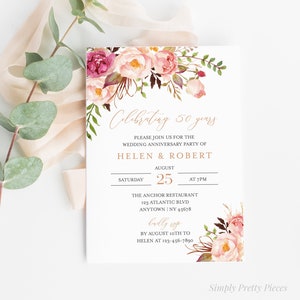 Pink Rose Gold Floral Editable Anniversary Party Invitation, Boho 25th 30th 40th 50th Anniversary Invite DIY Template Instant Download 516-A