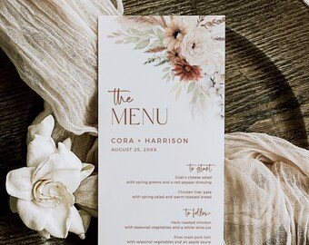 Pampas Grass Modern Printable Table Wedding Menu, Boho Editable Menu, Terracotta DIY Template, Bohemian Dried Flowers Instant Download 590-A