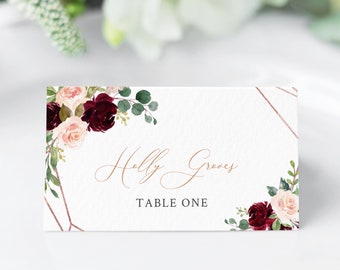 Merlot Blush Floral Name Cards, Editable Burgundy Rose Gold Place Cards, Wedding Name Card Template Place Card Printable Seating Card 575-A