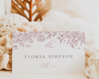 Chinoiserie Name Card, French Floral Wedding Place Card, Pink Toile de Jouy Place Card, Table Name Card, Table Decor Editable Template 523-B