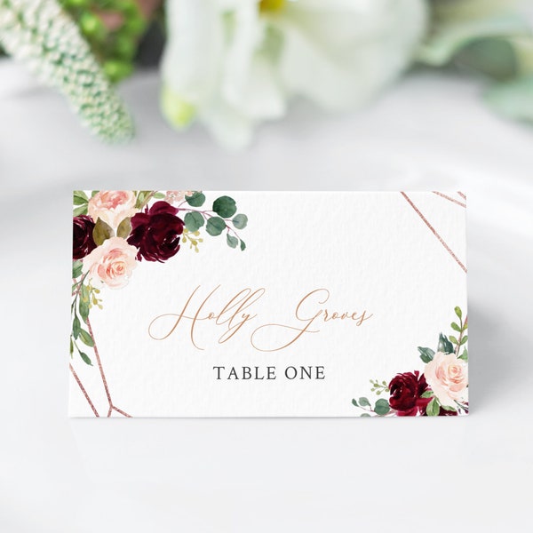 Tarjetas de lugar editables de oro rosa burdeos, tarjetas de nombre florales Merlot Blush, plantilla de tarjeta de nombre de boda Tarjeta de lugar Tarjeta de asiento imprimible 575-A