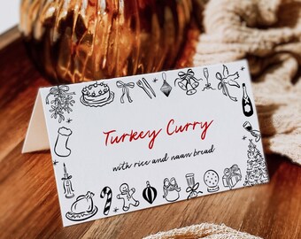 Editable Holiday Place Card Printable, Hand Drawn Christmas Buffet Label Doodles Buffet Decor, Christmas Food Tent Card, Hand Written, 222-A