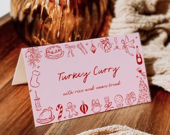 Hand Drawn Buffet Decor, Christmas Food Card, Pink Doodle Christmas Buffet Label Editable Holiday Place Card Printable, Hand Written, 222-B