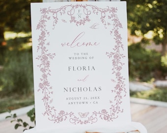 Chinoiserie Welcome Poster Template Dusty Pink Toile de Jouy Wedding Welcome Sign, Victorian Welcome Board Printable Baroque Editable, 523-B