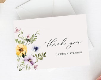 Editable Wildflower Thank You Cards, Printable Green Purple Pink Floral Thank You Cards, DIY Template, Wild Flower, Instant Download, 581-A