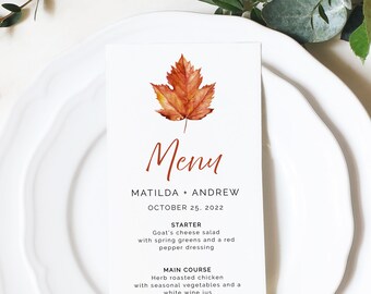 Editable Maple Leaf Menu, Minimalist Burnt Orange Table Wedding Menu, Fall Modern Printable Template, Autumn Templett Instant Download 567-A