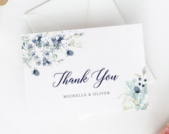 Editable Thank You Card Template, Navy Silver Gray Floral Printable Thank You Cards, Winter Thank You Card, Instant Download Templett 544-A