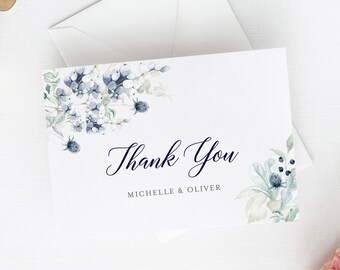 Editable Thank You Card Template, Navy Silver Gray Floral Printable Thank You Cards, Winter Thank You Card, Instant Download Templett 544-A