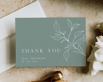 Sage Green Thank You Card, Modern Thank You Sage, Botanical Thank You, Minimal Wedding Thank You, Boho Thank You, Editable Template, 589-C