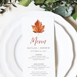 Maple Leaf Editable Menu, Burnt Orange Minimalist Table Wedding Menu, Fall Modern Printable Template, Autumn Templett Instant Download 567-A
