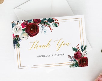 Gold Cranberry Floral Editable Thank You Cards, Printable Thank You Card Template, Christmas Winter, Spruce, Instant Download Templett 543-A