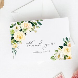 Tarjetas de agradecimiento editables florales amarillas, tarjetas de agradecimiento de color amarillo limón imprimibles, plantilla de bricolaje, rosa verde, descarga instantánea Templett 558-A