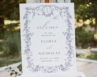 Toile de Jouy Wedding Welcome Sign Dusty Lilac Chinoiserie Welcome Poster Template, Victorian Welcome Board Printable Baroque Editable 523-D