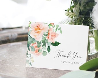 Editable Peach Floral Thank You Cards, Printable Peach Rose Thank You Cards, DIY Template, Eucalyptus, Instant Download Templett 551-A