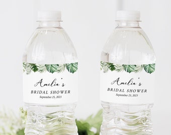 Editable Monstera Water Bottle Labels, Printable Tropical Greenery Water Bottle Label DIY Template Palm Foliage Label Instant Download 550-A