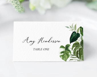 Monstera Wedding Name Card, Monstera Place Cards Tropical Greenery Name Card, Palms Seating Card Printable Name Card Editable Template 550-A