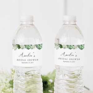Étiquettes de bouteille d'eau modifiables Monstera, étiquette de bouteille d'eau de verdure tropicale Modèle de bricolage Étiquette imprimable de feuillage de palmier Téléchargement instantané 550-A