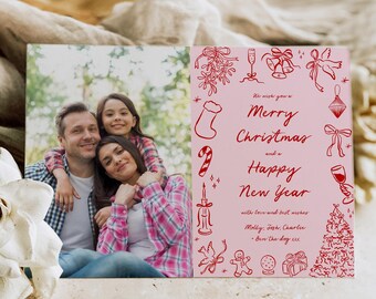 Editable Hand Drawn Holiday Card, Doodles Christmas Card Template with Photo, Printable Modern Holiday Card, Hand Written Xmas Card, 222-B
