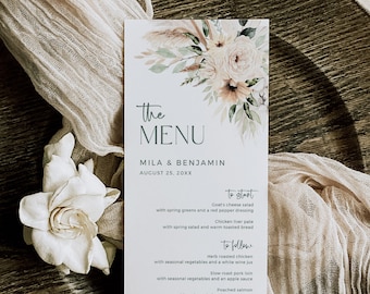 Editable Sage Boho Menu, Printable Dried Flowers Pampas Grass Modern Table Wedding Menu, Green DIY Template, Bohemian Instant Download 591-A