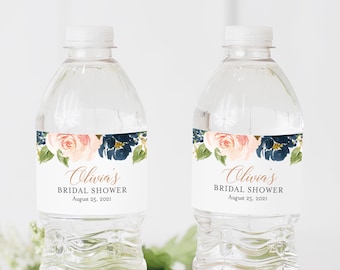 Navy Blush Rose Gold Floral Editable Water Bottle Labels, Pink Navy Water Bottle Label DIY Template, Printable Label, Instant Download 542-A