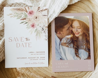 Dusty Rose Save our Date, Bohemian Save the Date, Boho Photo Save the Date Card, Pampas Grass Save the Date, Floral, Editable Template 591-A