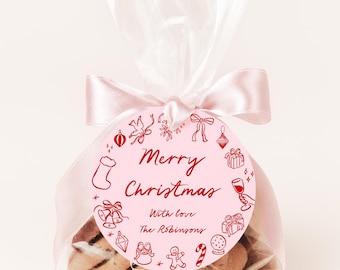 Hand Written Round Tag, Printable Holiday Sticker Label, Doodle Round Christmas Gift Tags Editable Hand Drawn Holiday Labels, Quirky 222-B