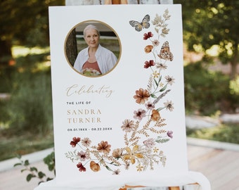 Memorial Poster Template, Celebration of Life Sign, Printable In Loving Memory, Fall Wildflower Funeral Welcome Sign Woman, Editable 513-A