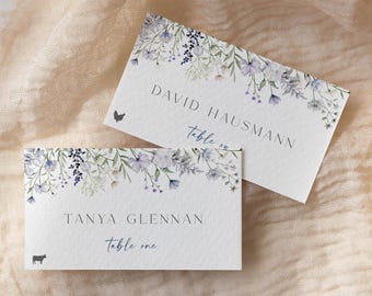 Wildflower Name Card, Dusty Blue Place Card Template, Boho Table Name Card, Floral Wedding Place Card, Summer Winter Wedding, Editable 509-A