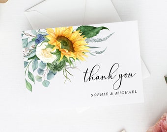 Editable Sunflower Thank You Cards, Printable Yellow Floral Thank You Cards, DIY Template, Eucalyptus, Rose, Instant Download Templett 565-A