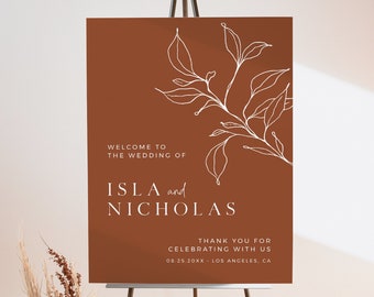 Editable Minimal Terracotta Botanical Wedding Welcome Sign, Printable Modern Line Art Template, Elegant Sign, 5 Sizes Instant Download 589-B