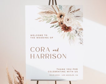 Pampas Grass Editable Wedding Welcome Sign, Boho Custom Template, Printable Modern Signage, Terracotta, Dried Flower 5 Sizes, Download 590-A