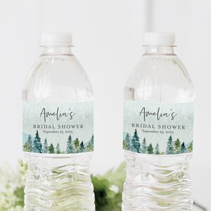 Étiquettes de bouteille d'eau modifiables de montagnes, modèle de bricolage d'étiquette de bouteille d'eau de forêt, forêt rustique à l'extérieur imprimable, téléchargement immédiat 531-A