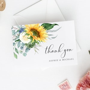 Sonnenblume bearbeitbare Dankeskarten, druckbare gelbe Blumen Dankeskarten, DIY Vorlage, Eukalyptus, Rose, Instant Download Templett 565-A