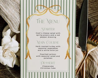 Vintage Holiday Dinner Menu, Green Stripe Christmas Party Menu Template, Xmas Lunch, Editable, 226-B