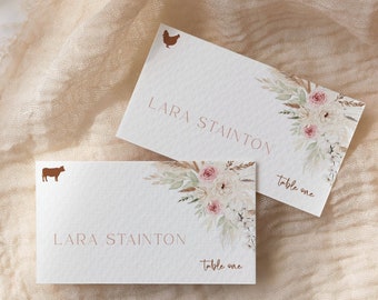 Bohemian Place Cards, Pampas Grass Name Cards, Dusty Rose Boho Escort Cards, Dried Flowers Name Card, Editable Escort Card Template, 593-A