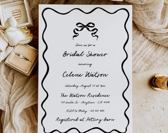 She's Tying the Knot Invite Template, Printable Doodle Invite, Black Bow Bridal Shower Invitation, Minimalist Bow Invitation, Editable 532-A