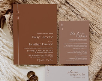 Editable Terracotta Modern Wedding Invitation Suite, Minimalist Boho Photo Invite, RSVP Details Printable Template, Instant Download 577-A