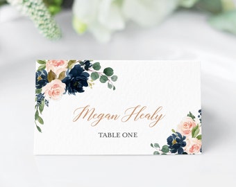 Blush Blue Seating Cards, Floral Name Cards, Navy Blush Editable Place Cards, Navy Wedding Place Card Template, Printable Name Card, 542-A