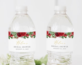 Editable Red Rose Greenery Water Bottle Labels, Printable Red Gold Floral Water Bottle Label DIY Template, Instant Download 541-A