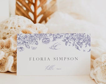 Dusty Lilac French Floral Wedding Place Card, Lavender Toile Place Card, Chinoiserie Name Card, Vintage Table Name Editable Template, 523-D