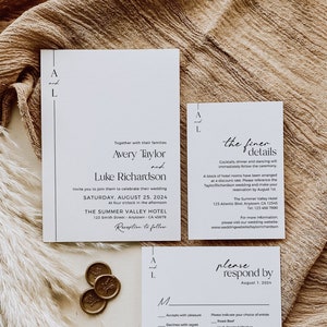 May include: Wedding invitation suite with a modern minimalist design. The invitation features a black line separating the text "Avery Taylor and Luke Richardson". The RSVP card includes the text "Please respond by August 1, 2024".