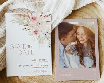 Dusty Rose Save our Date, Bohemian Save the Date, Boho Photo Save the Date Card, Pampas Grass Save the Date, Floral, Editable Template 591-A