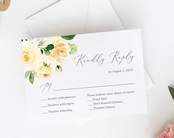 Yellow Rose RSVP Insert, Printable Reply Card, Yellow Floral RSVP Card, Bridal Shower Invitation Response Card, Editable RSVP Template 558-A