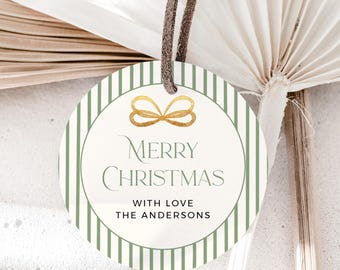 Editable Holiday Sticker Label, Green Striped Round Christmas Tag Template, Printable Favor Tag, 226-B