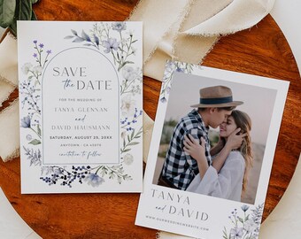 Floral Save our Date Template, Dusty Blue Wildflower Save the Date with Photo, Boho Arch Wedding Save Date Card, Printable Editable 509-A
