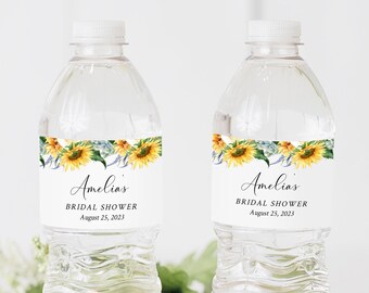 Editable Sunflower Water Bottle Labels, Eucalyptus Yellow Floral Water Bottle Label DIY Template, Printable Label, Instant Download 565-A