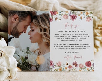 Wildflower Thank You Card with Photo Wedding Thank You Card Wildflower Thank You Note Printable Thank You Card Template Editable Thank 595-A