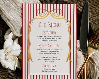 Vintage Holiday Dinner Menu, Red Stripe Christmas Party Menu Template, Xmas Lunch, Editable, 226-A